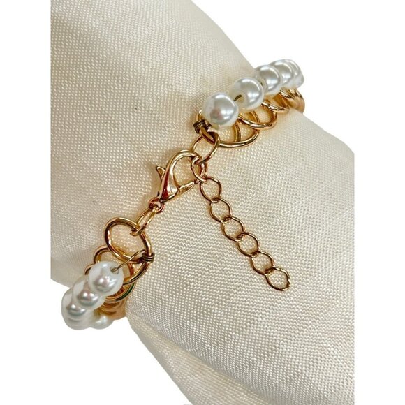 Faux Pearl Goldtone Bracelet Lobster Clasp Swirl Setting  6.5-7.5" - Picture 2 of 6
